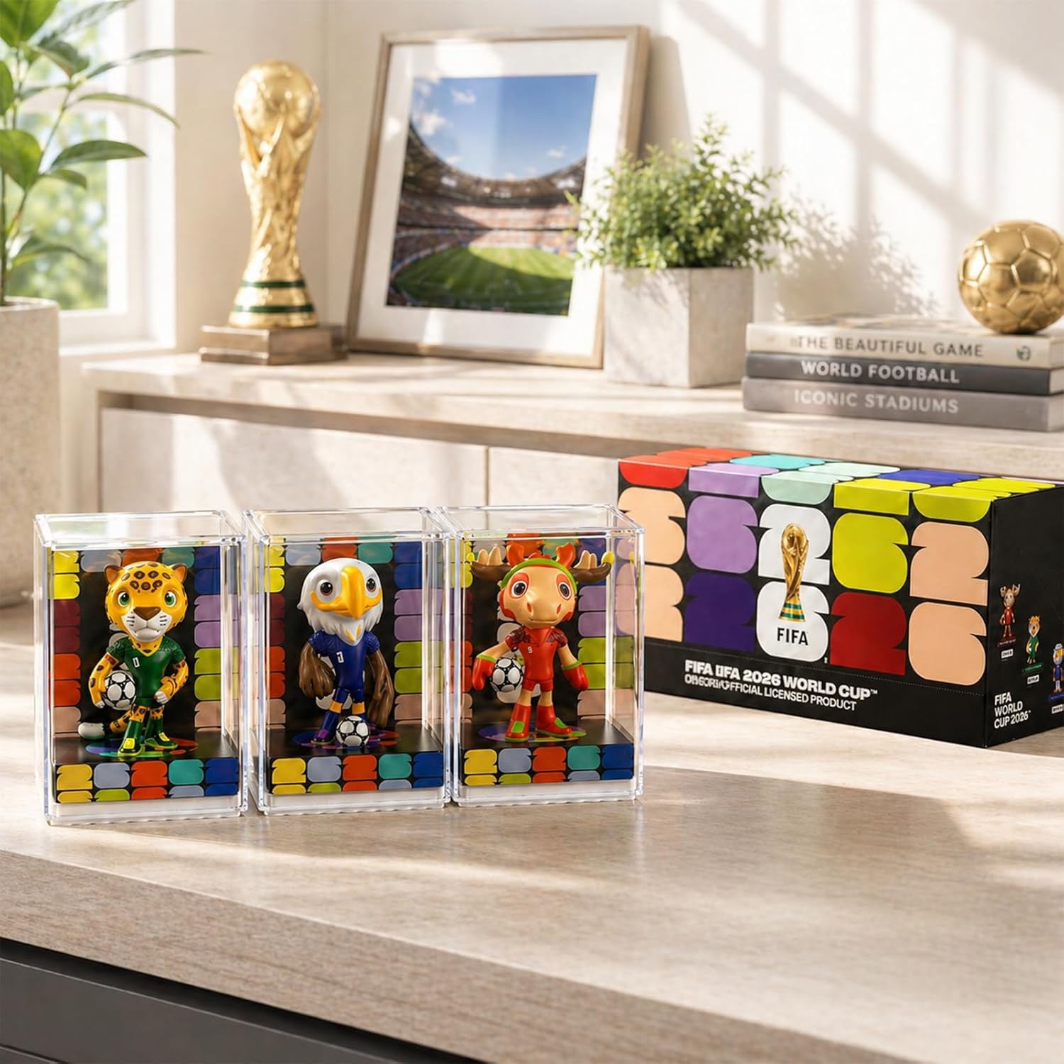 Official World Cup 2026 Merchandise Mascot Figurines Set, Limited Edition World Cup Merch Souvenirs, 3Pack Collectible Soccer Statues in Display Case, Football Fan Gift & World Cup Memorabilia (9cm-A)